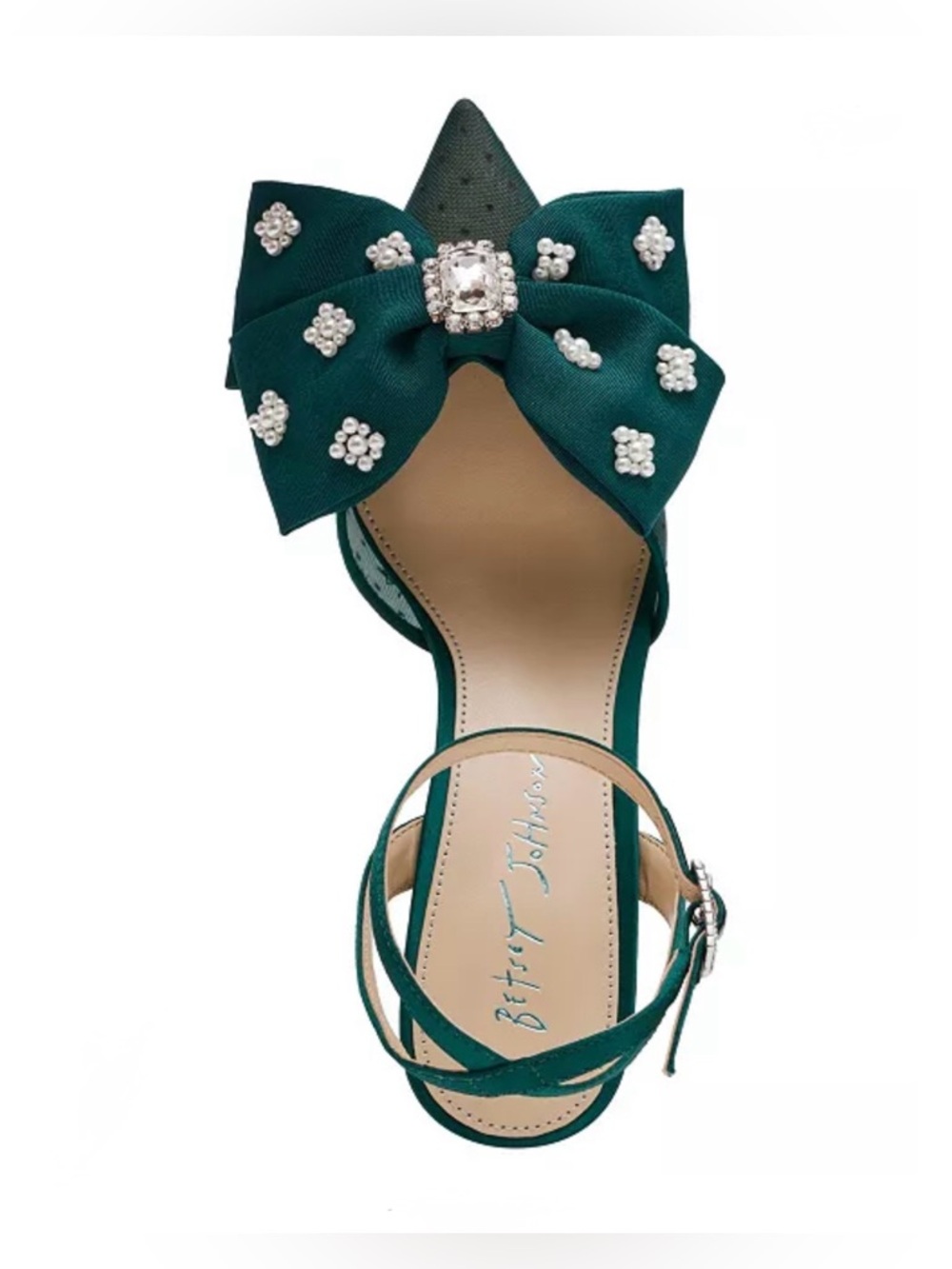 ❤️🎁Betsey Johnson Markin Emerald Green Embellished Bow Ankle-Strap Heels - Picture 4 of 7